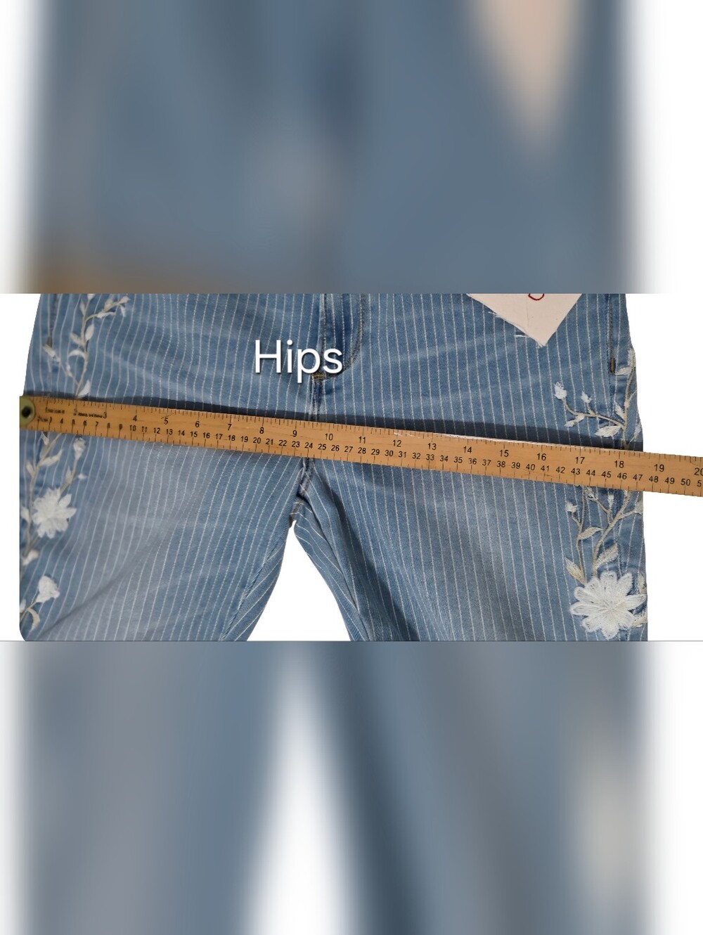 DRIFTWOOD Light Blue Pinstripe Skinny Jeans with White Floral Embroidery NWT - Picture 15 of 15